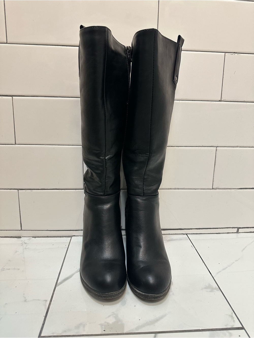 Black Faux Leather Quilted Riding Boots 8 Low Wedge Heel